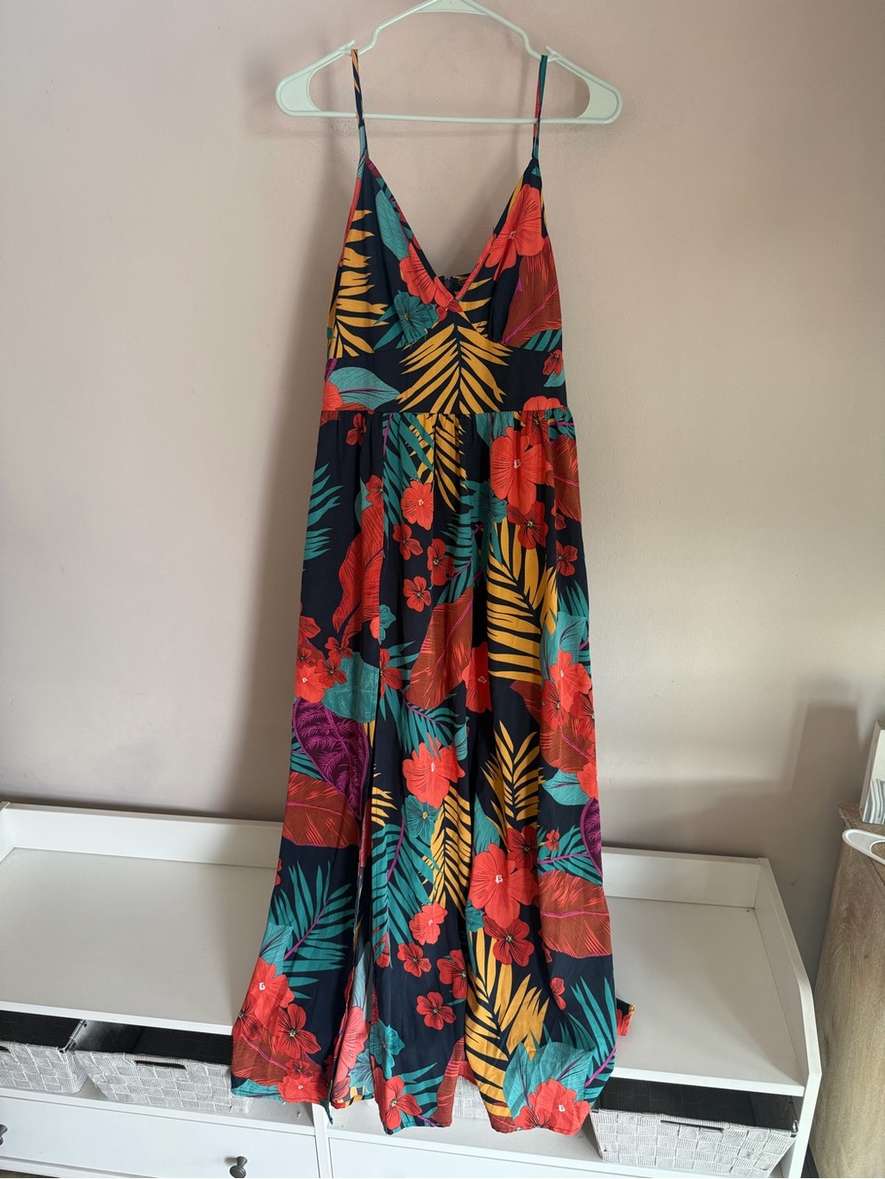 PEROUT Tropical Floral Maxi Dress Navy Orange Palm Print V-Neck Size L 8/10